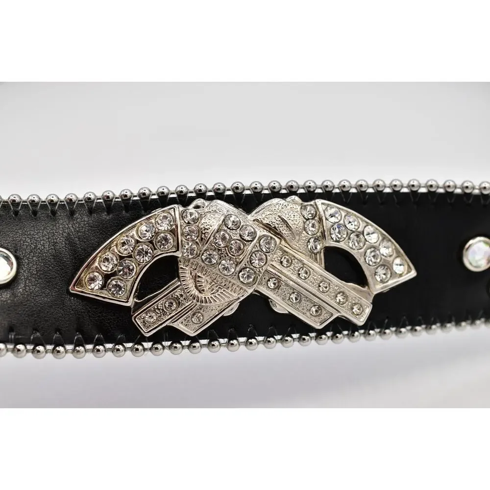 Black Genuine Leather Rhinestone Western Belt M/L Silver Studded Crystal Y2K